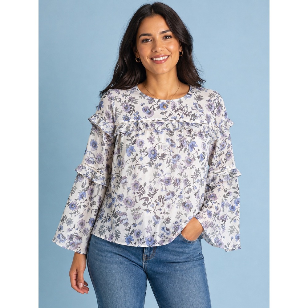 CeCe‎ Floral Ruffle Chiffon Blouse Blue White Tiered Bell Sleeve XL Prairie